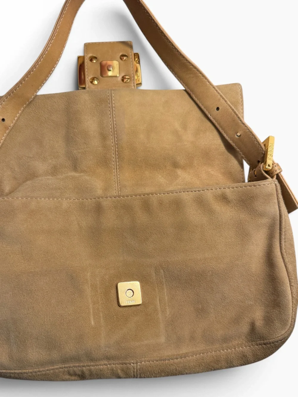 Fendi FF Logo Buttery Soft Camel Suede Baguette Bag Tan Gold